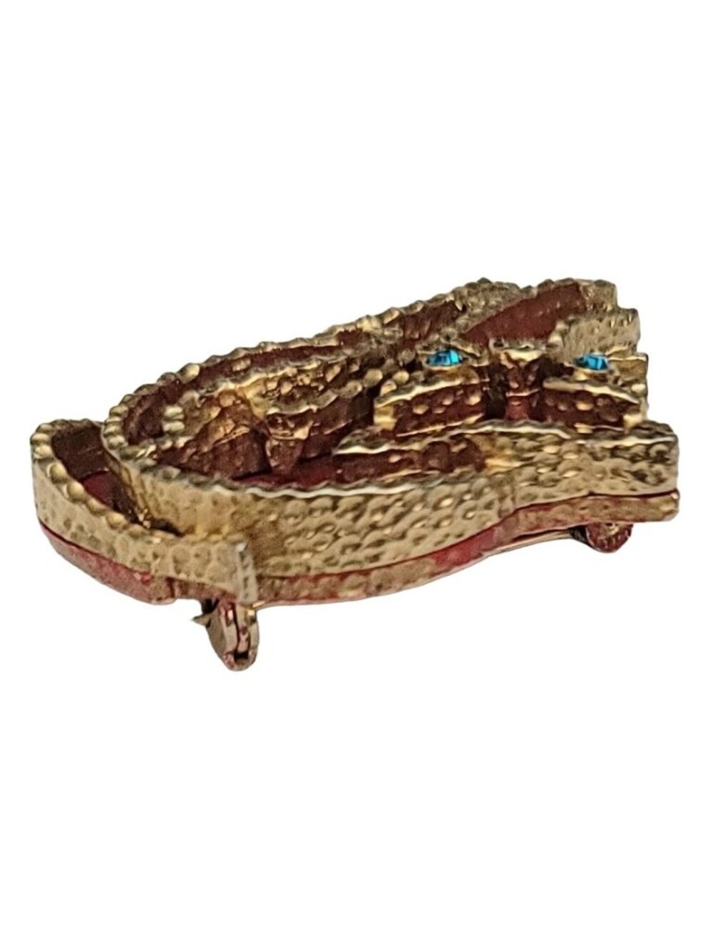 Coro Gold Tone Red Enamel Blue Rhinestone Modernist Cat Brooch Pin, Signed - Picture 4 of 10